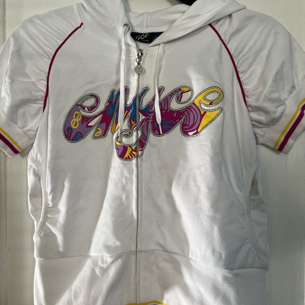 Enyce White Short Sleeve Hoodie with Multicolor Logo